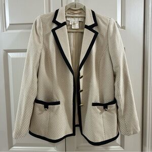 Escada Margaretha Ley Silk Wool Polka Dot Blazer Black Trim Old Money Chic EU 36